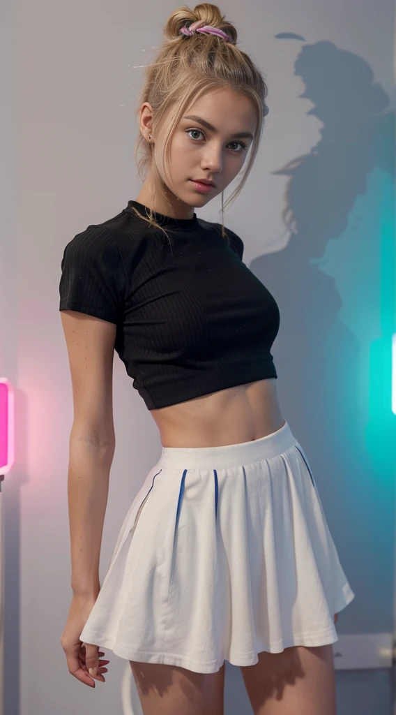 1 europen gamer girl, 18 years old, blonde hair, topknot, tight bun, hair tied up in a bun, very cute, dress a skirt and and a very short top, very short tall, background with monochromatic wall illuminated with colored LED stripes light from below