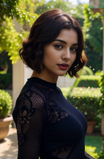 beautiful gorgeous glorious bollywood actress, standing in garden, wearing black knitted bodycon dress, pretty face, beautiful glorious face, very fine face details, bright eyes, purple lipstick, thin nose, burgundy hair, bob cut, curls, small alluring natural breasts, round, not sagging, hourglass figure, perfect body, 4K details, ultra high resolution, skin fine details, full body photoshoot