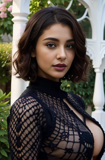 beautiful gorgeous glorious bollywood actress, standing in garden, wearing black knitted bodycon dress, pretty face, beautiful glorious face, very fine face details, bright eyes, purple lipstick, thin nose, burgundy hair, bob cut, curls, small alluring natural , round, not sagging, hourglass figure, perfect body, 4K details, ultra high resolution, skin fine details, full body photoshoot