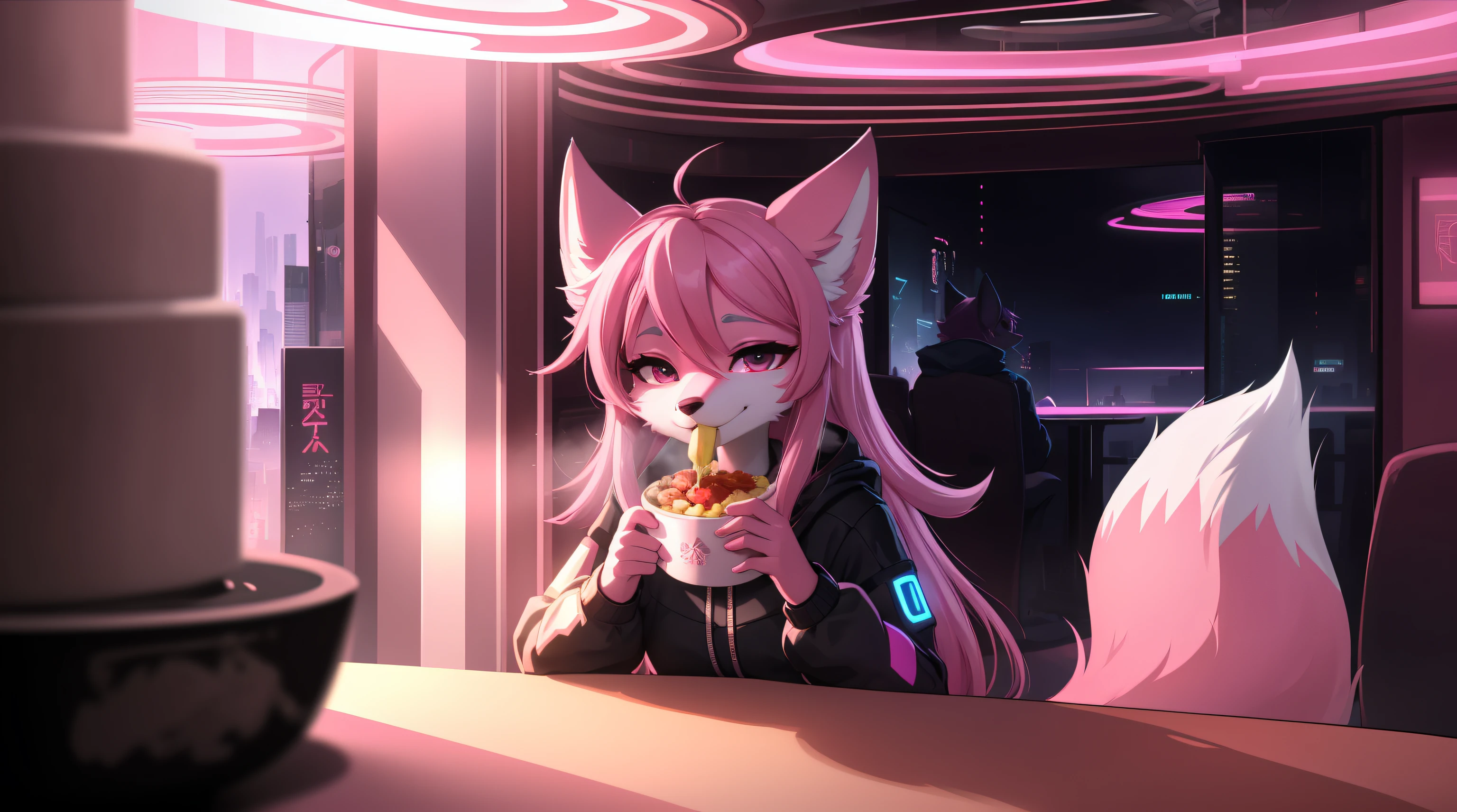 Cyberpunk fox, Beautiful light and shadow on light pink hair and childish face、Dining atmosphere lighting effects 、Ultra-fine fur、Volumetric light is very detailed，Finest quality furry art