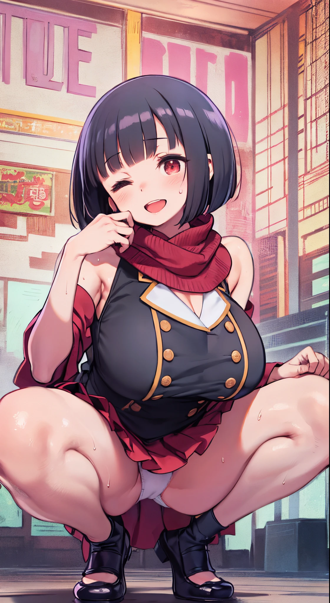 (Perfect body),Best Quality,16 K、((((Short stature))))、((((Lori))))、(White kimono)、sleeve less、(Red mini skirt)、(White panty)、(((blush)))、:D、One eye is closed、I have my mouth wide open、Tsuriformes、Blunt bangs、(short-hair)、(((bob cuts)))、(Red Eyes),((Black hair)),(Sweat)、((red scarf))、((Big ass))、((huge-breasted))、(((thick thighs)))、Armpits、squatting