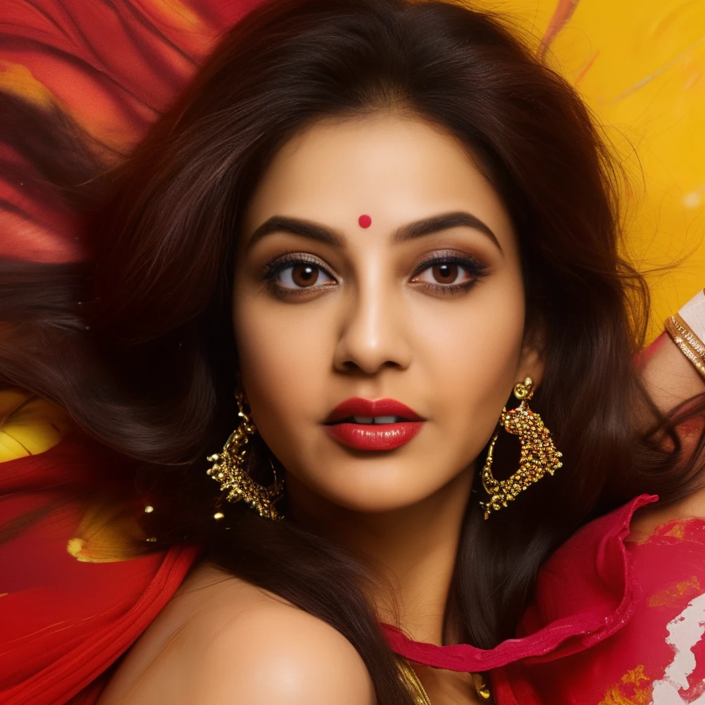 Day scene, close up photo of a indian from top view, (Masterpiece, Best Quality, High Resolution), evening Background, ((Paint Splash, Color Splash, Splash of Ink, Color Splash)), Sweet indian female actress, hour glass body shape,maroon lips, ((blouse)), lightly makeup,ultra realistic, realistic, look at viewer (cinematic:1.3), intricate details, (ArtStation:1.2)