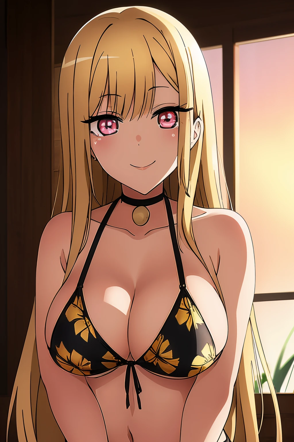 (anime style),Masterpiece,Best Quality,Ultra Detailed,Bright Glossy,Bright Light,Ray Tracing,HardR,Field Deph,(Perfect Face,Detailed Face,Detailed Eyes),(big boobs:1.2,clevage ),8k,Hard drive,Ray tracing,perfect lighting,Best quality,bright eyes, (Looking at viewer,sensual smile:1.1), ((1girl)),(alone), (Gyaru, mature female:1.4) ,Cowboy shot, sailor,Long hair,((Ombre hair)),light reddish eyes, ombre eyes,(bright eyes:1.1), Mascara,(fashion makeup), parted lips,((bikini)):1.9,Cameltoe, black bikini with floral print, yellow flower print, ((Tropical Beach, Sunset, Palm Trees, Cabin)),Complex Background,((Super Detailed Background)), Sensual Poses, ((Wallpaper)),