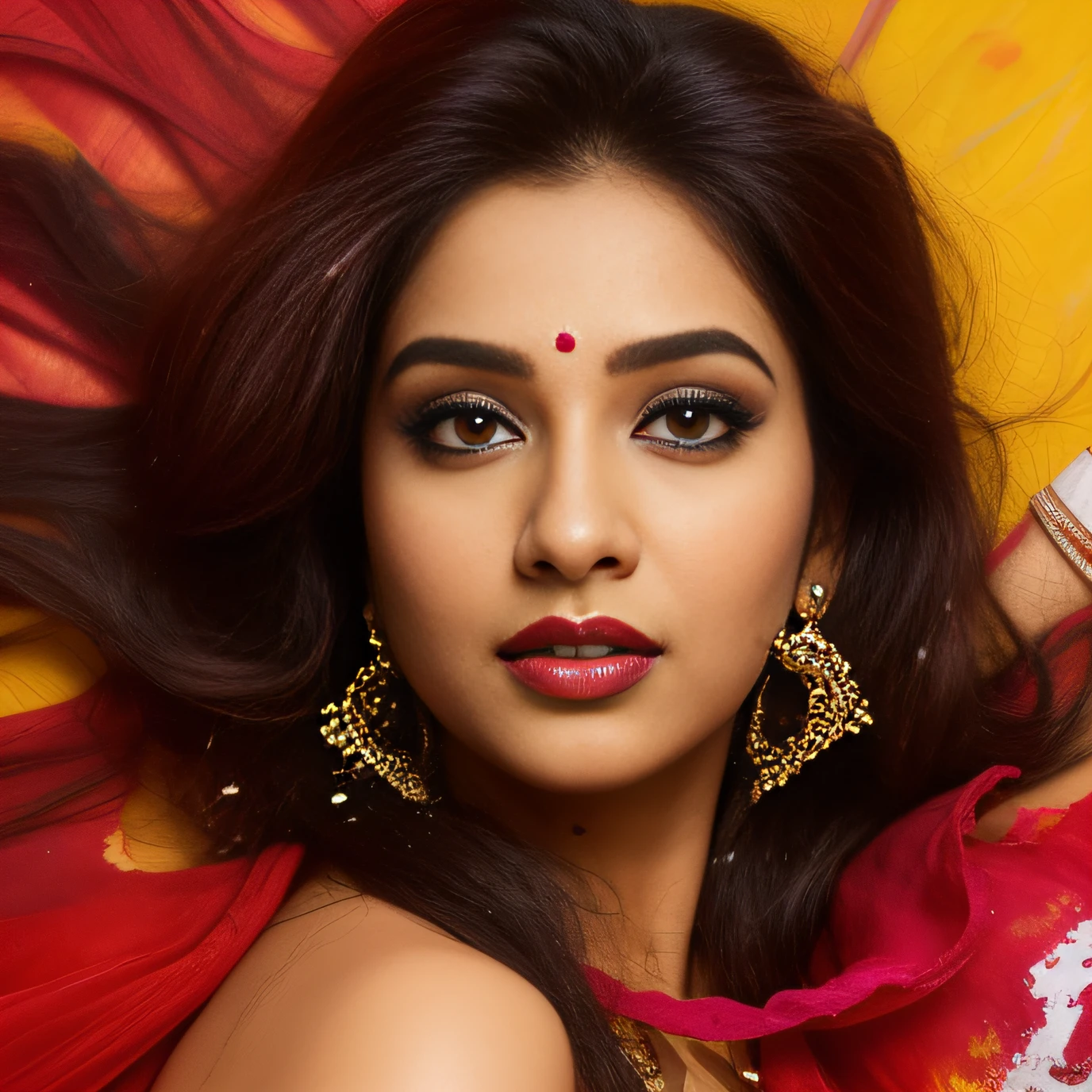 Day scene, close up photo of a indian from top view, (Masterpiece, Best Quality, High Resolution), evening Background, ((Paint Splash, Color Splash, Splash of Ink, Color Splash)), Sweet indian female actress, hour glass body shape,maroon lips, ((blouse)), lightly makeup,ultra realistic, realistic, look at viewer (cinematic:1.3), intricate details, (ArtStation:1.2)