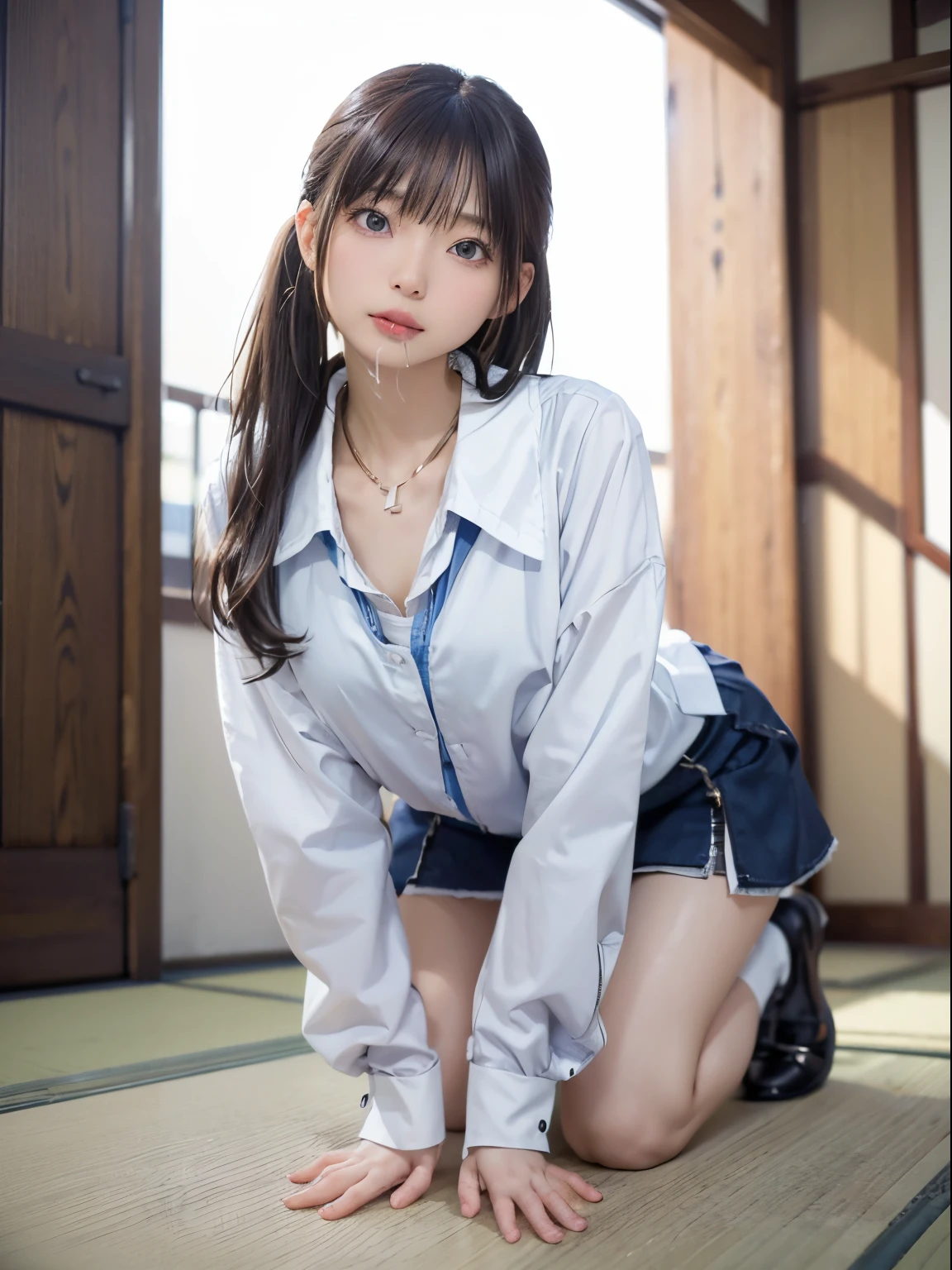 (highest quality,masterpiece:1.3,Ultra-high resolution),(Very detailed、Caustics) (Realistic:1.4, RAW shooting、)Ultra-Realistic Capture、Very detailed、Natural skin texture、masterpiece、(Japanese girl wearing a high school blazer:1.3)、Adorable expression、Expressions of happiness、、Height: 148cm、Young Face、Amazingly cute、Twin tail hairstyle、Straight hair、Scrunchie、necklace、Black Hair、light makeup、Slightly large breasts、Bare arms、Shining thighs、Shining ass、Filmed in a junior high school classroom、Background in detail、Satin fabric panties are visible、smile、An inviting gaze、Anatomically correct、Cowboy Shot、Attention to detail、Pose that emphasizes the legs、