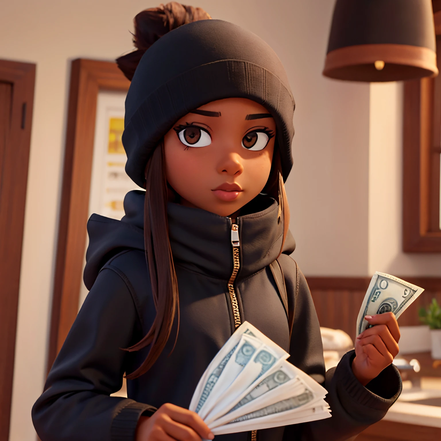A brown skin girl a with a black ski mask and holding money