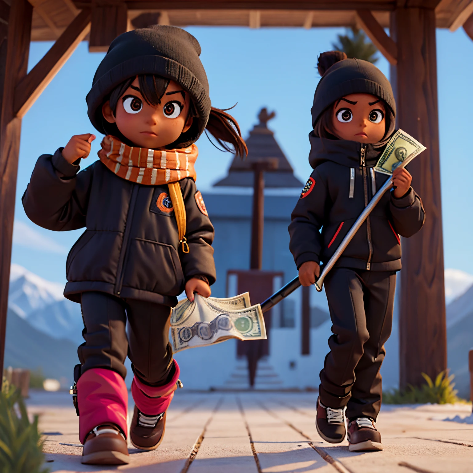 A brown skin girl a with a black ski mask and holding money