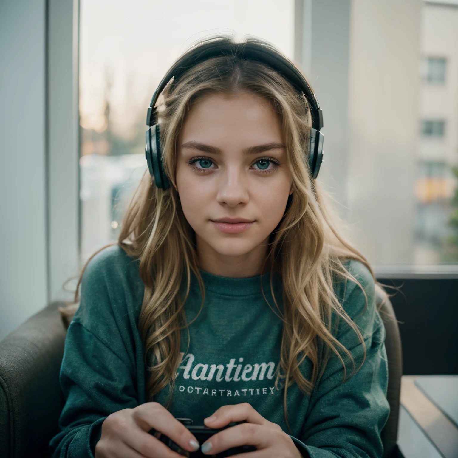 Selfie of a stunning beautiful woman, 17 years old, perfect fit body, big green eyes, long messy windy blonde hair, green eyes, beautiful blonde wearing Sweatshirt (sitting in a chair with gaming headphones on her head), very detailed, 17 years old, innocent face, natural wavy hair, green eyes, high resolution, masterpiece, best quality, intricate details, highly detailed, sharp focus, detailed skin, realistic skin texture, texture, detailed eyes, professional, 4k, charming smile, shot on Canon, 85mm, shallow depth of field, kodak vision color, perfect fit body, extremely detailed, foto_\(ultra\), photorealistic, realistic, post-processing, maximum detail, roughness, real life, ultra realistic, photorealism, photography, 8k uhd, photography ,hair ribbons, by agnes cecile, full body portrait, pastel colours, night, (ink:1.3), house and computer lights