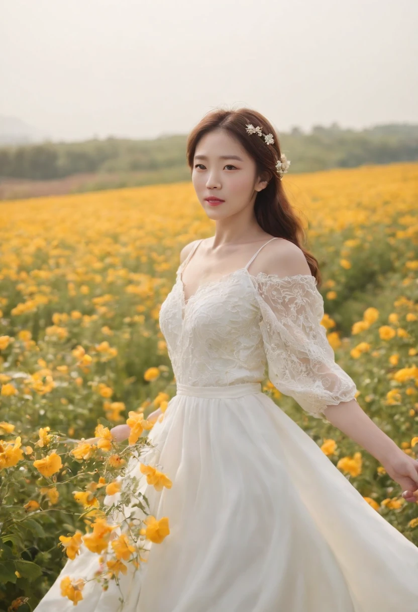 A woman in a white dress stands in a flower field, beautiful Korean women, beautiful young korean woman, standing in flower field, There are flowers, Girl in the flowers, gorgeous young korean woman, standing in flower field,girl standing in flower field, The aesthetic realm of flowers, with frozen flowers around her, girl frontal lobe in flower field，Sunnyday，and the sun was shining brightly，The weather was nice，A large field of flowers，The picture is vivid，フォトリアリスティック，detail-rich