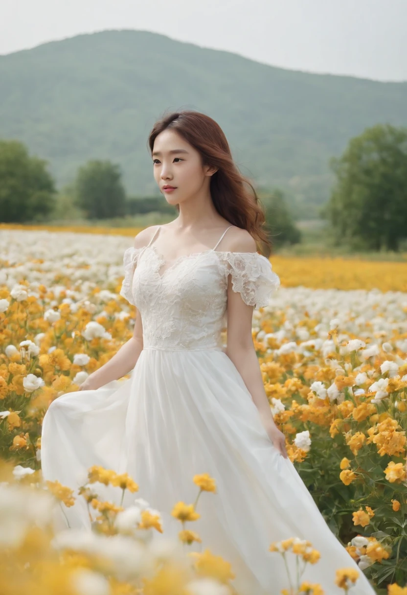 A woman in a white dress stands in a flower field, beautiful Korean women, beautiful young korean woman, standing in flower field, There are flowers, Girl in the flowers, gorgeous young korean woman, standing in flower field,girl standing in flower field, The aesthetic realm of flowers, with frozen flowers around her, girl frontal lobe in flower field，Sunnyday，and the sun was shining brightly，The weather was nice，A large field of flowers，The picture is vivid，フォトリアリスティック，detail-rich