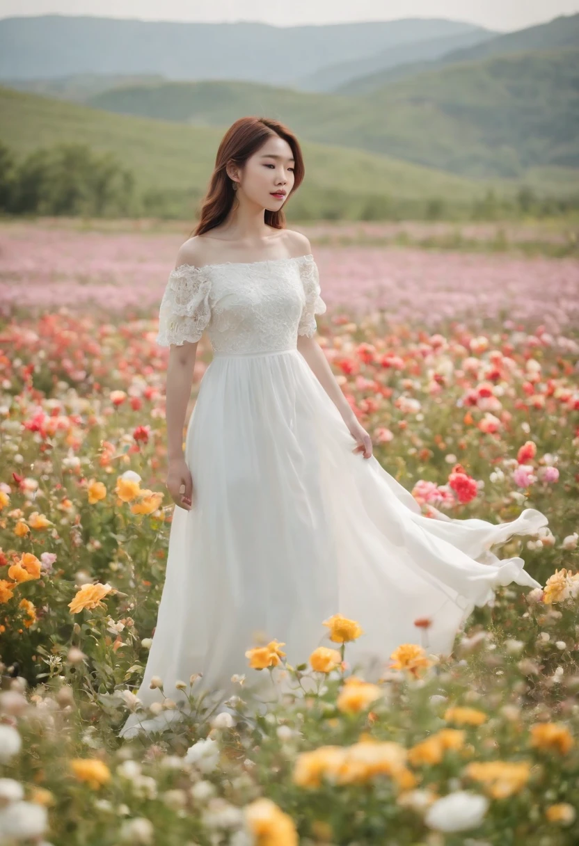 A woman in a white dress stands in a flower field, beautiful Korean women, beautiful young korean woman, standing in flower field, There are flowers, Girl in the flowers, gorgeous young korean woman, standing in flower field,girl standing in flower field, The aesthetic realm of flowers, with frozen flowers around her, girl frontal lobe in flower field,Sunnyday,and the sun was shining brightly,The weather was nice,A large field of flowers,The picture is vivid,フォトリアリスティック,detail-rich