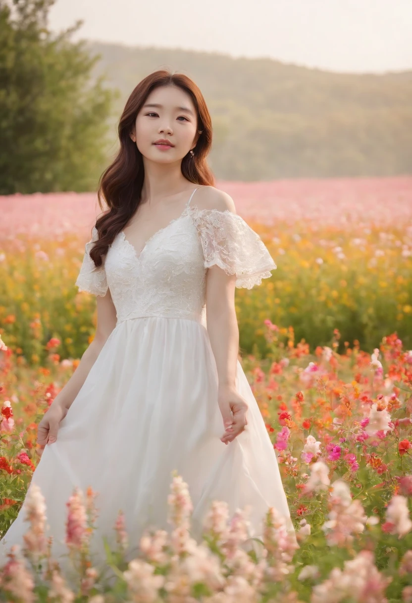 A woman in a white dress stands in a flower field, beautiful Korean women, beautiful young korean woman, standing in flower field, There are flowers, Girl in the flowers, gorgeous young korean woman, standing in flower field,girl standing in flower field, The aesthetic realm of flowers, with frozen flowers around her, girl frontal lobe in flower field，Sunnyday，and the sun was shining brightly，The weather was nice，A large field of flowers，The picture is vivid，フォトリアリスティック，detail-rich