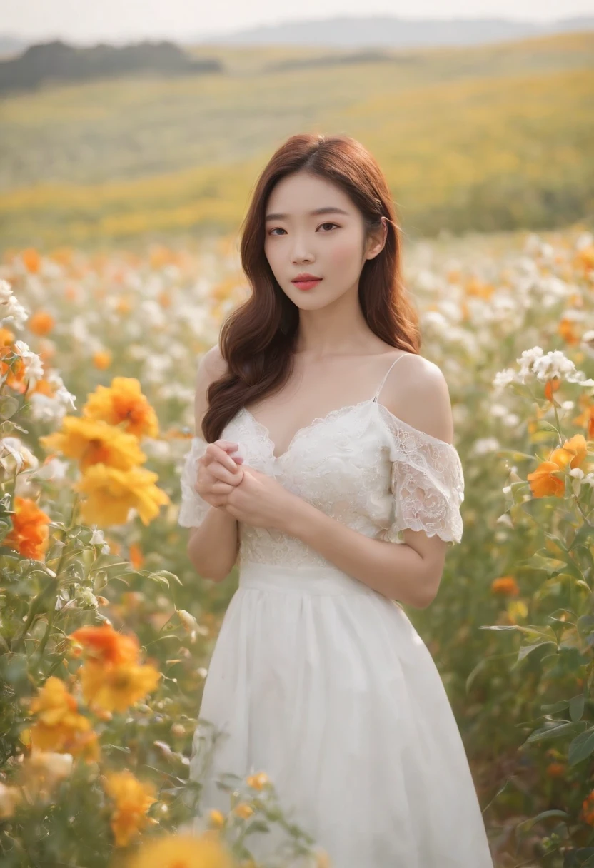 A woman in a white dress stands in a flower field, beautiful Korean women, beautiful young korean woman, standing in flower field, There are flowers, Girl in the flowers, gorgeous young korean woman, standing in flower field,girl standing in flower field, The aesthetic realm of flowers, with frozen flowers around her, girl frontal lobe in flower field,Sunnyday,and the sun was shining brightly,The weather was nice,A large field of flowers,The picture is vivid,フォトリアリスティック,detail-rich