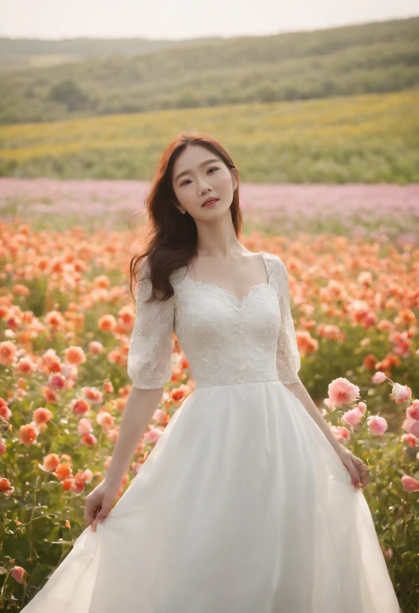 A woman in a white dress stands in a flower field, beautiful Korean women, beautiful young korean woman, standing in flower field, There are flowers, Girl in the flowers, gorgeous young korean woman, standing in flower field,girl standing in flower field, The aesthetic realm of flowers, with frozen flowers around her, girl frontal lobe in flower field，Sunnyday，and the sun was shining brightly，The weather was nice，A large field of flowers，The picture is vivid，フォトリアリスティック，detail-rich