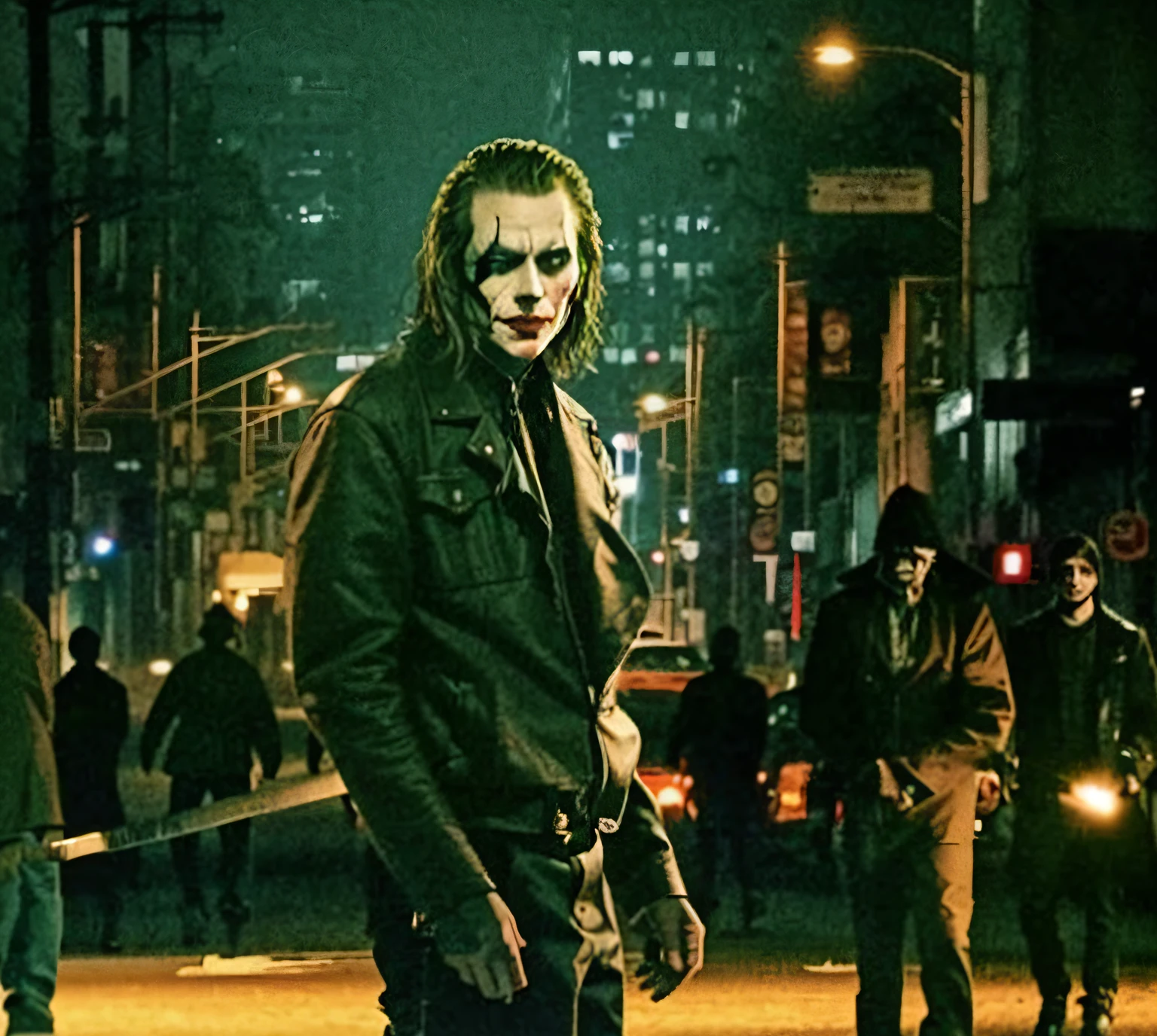 there is a man in a mask standing on a city street, the purge, in an alleyway during the purge, movie poster character, movie promotional image, profile picture, album art, urban horror aesthetic, film still of the joker, dramatic artwork, **cinematic, bizzaro, modern supernatural urban horror, jigsaw, profile pic, cyberpunk street goon