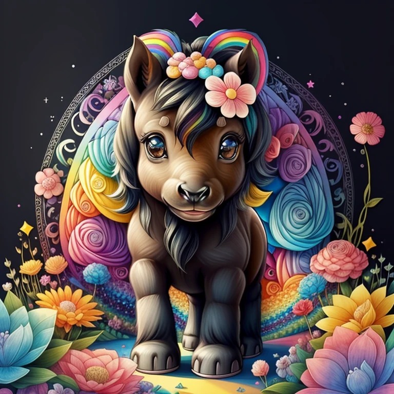 (cute black baby pony with a rainbows and flowers), Munchkin ,Geometric multidimensional wall portrait, livro de arte, Tchibi,
Yang08k, Beautiful, Colouring,
Obras, of the highest quality, best quality, Arte Oficial, Beautiful and Aesthetic,