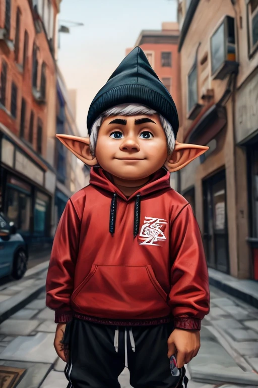 A gnome wearing streetwear clothes and holding a knife in his hand