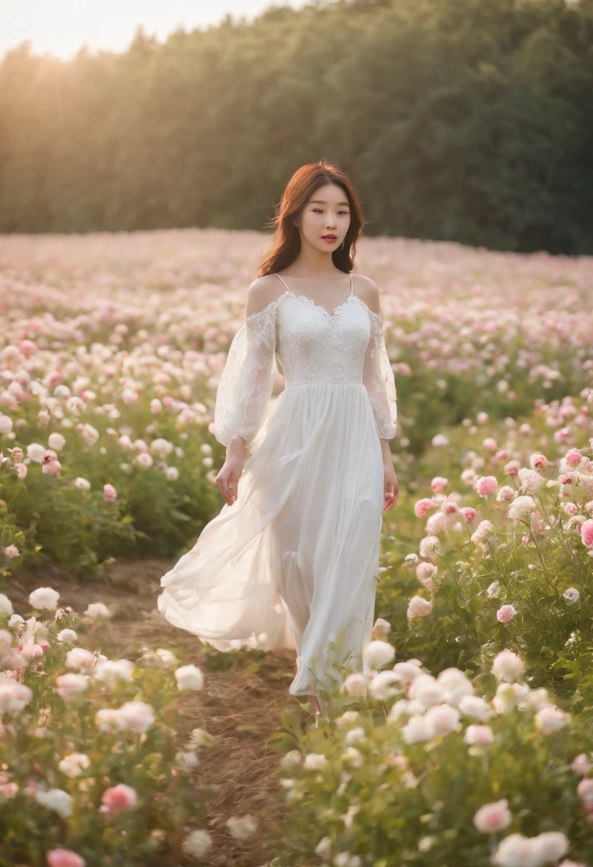 A woman in a white dress stands in a flower field, beautiful Korean women, beautiful young korean woman, standing in flower field, There are flowers, Girl in the flowers, gorgeous young korean woman, standing in flower field,girl standing in flower field, The aesthetic realm of flowers, with frozen flowers around her, girl frontal lobe in flower field,Sunnyday,and the sun was shining brightly,The weather was nice,The sunshine is dreamy,A large field of flowers,The picture is vivid,フォトリアリスティック,detail-rich
