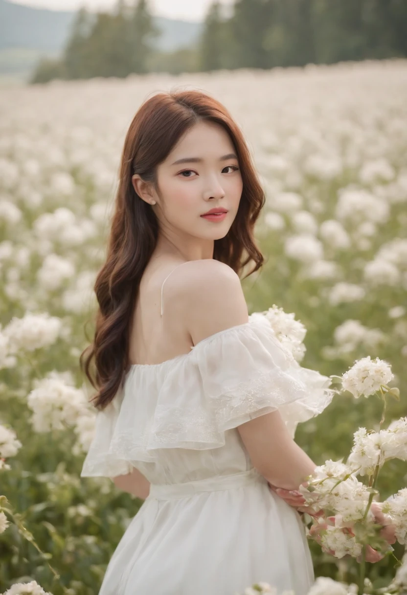 A woman in a white dress stands in a flower field, beautiful Korean women, beautiful young korean woman, standing in flower field, There are flowers, Girl in the flowers, gorgeous young korean woman, standing in flower field,girl standing in flower field, The aesthetic realm of flowers, with frozen flowers around her, girl frontal lobe in flower field，Sunnyday，and the sun was shining brightly，The weather was nice，The sunshine is dreamy，A large field of flowers，The picture is vivid，フォトリアリスティック，detail-rich