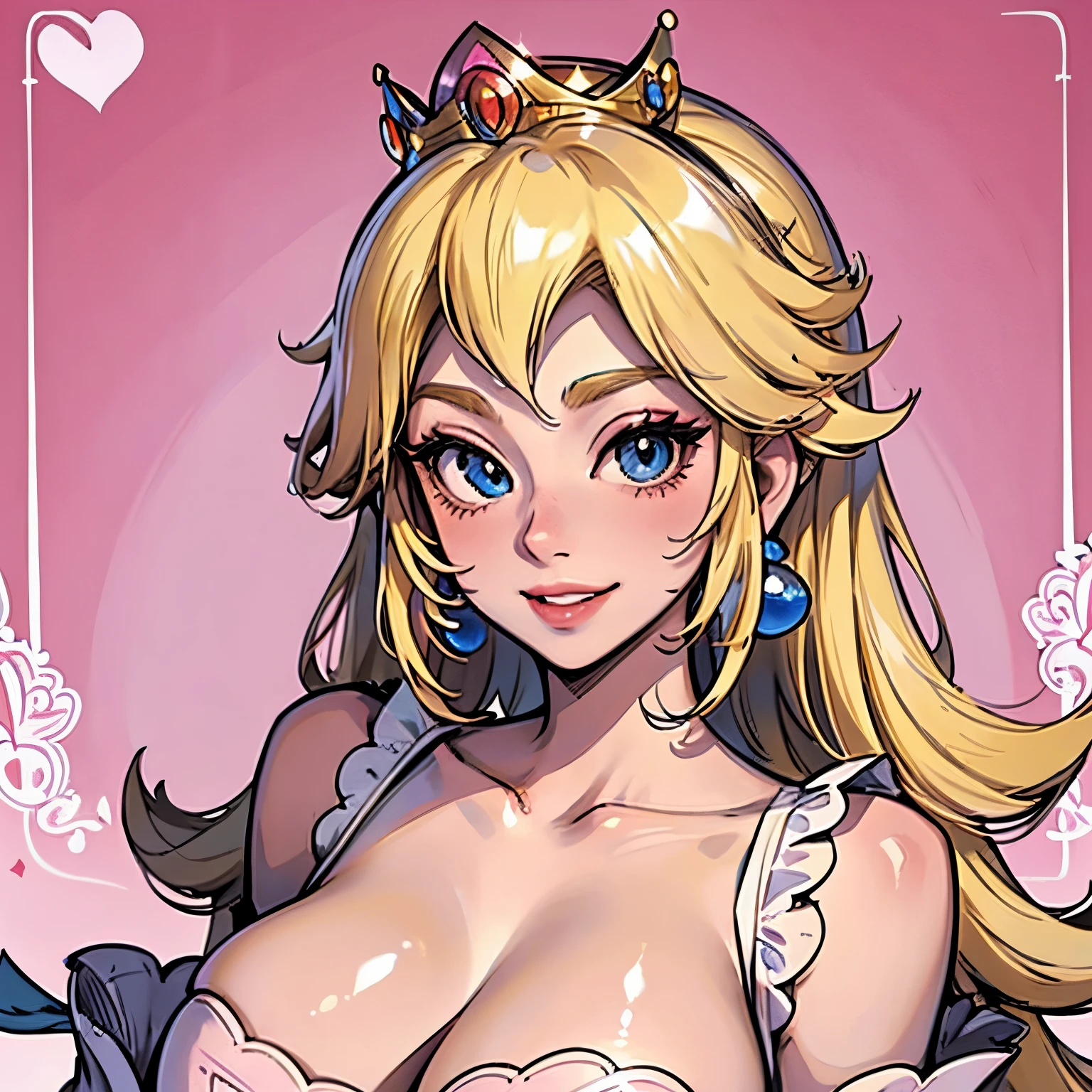 princess peach, 1 woman, blonde hair, tall, adult, who looks like an actual adult woman, smirking at the camera beautifully as if she is in love, spoken heart, she is very beautiful and she is immensely happy, as if she found her true love, she stares into the camera with her beautiful detailed eyes. she is truly in love, pink beautiful dress, and I don't think I'm stressing enough that I want peach to look as if she is in love