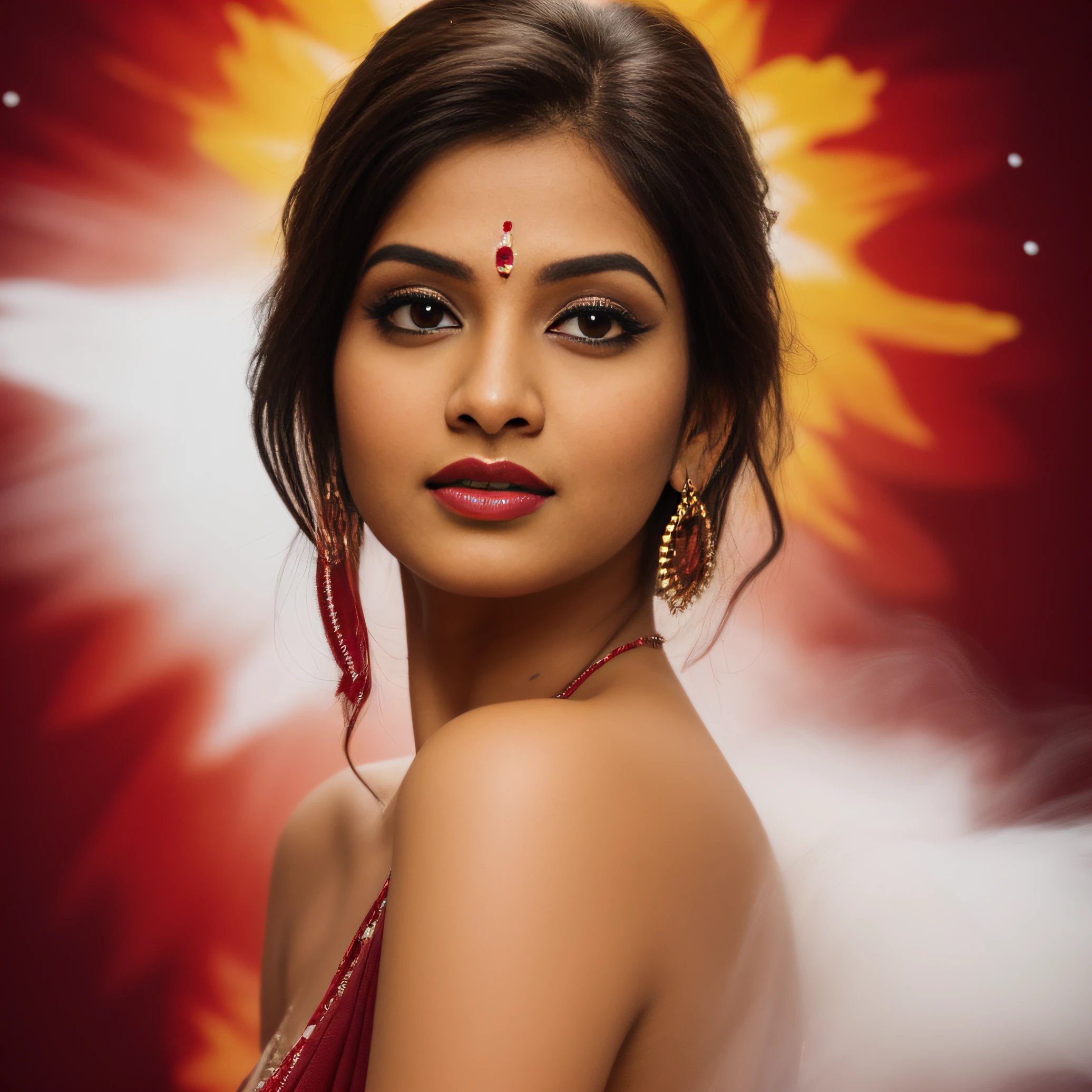 Day scene, close up photo of a indian from top view, (Masterpiece, Best Quality, High Resolution), evening Background, ((Paint Splash, Color Splash, Splash of Ink, Color Splash)), Sweet indian female actress, hour glass body shape,maroon lips, ((blouse)), lightly makeup,ultra realistic, realistic, look at viewer (cinematic:1.3), intricate details, (ArtStation:1.2)