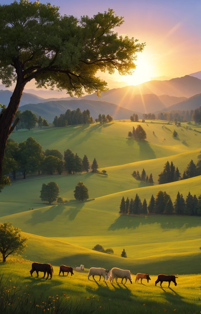 《prairie morning light》：Depicting grassland herdsmen riding horses in the morning light，A scene of sheep grazing leisurely under the morning sun。Simple wall painting cartoon style