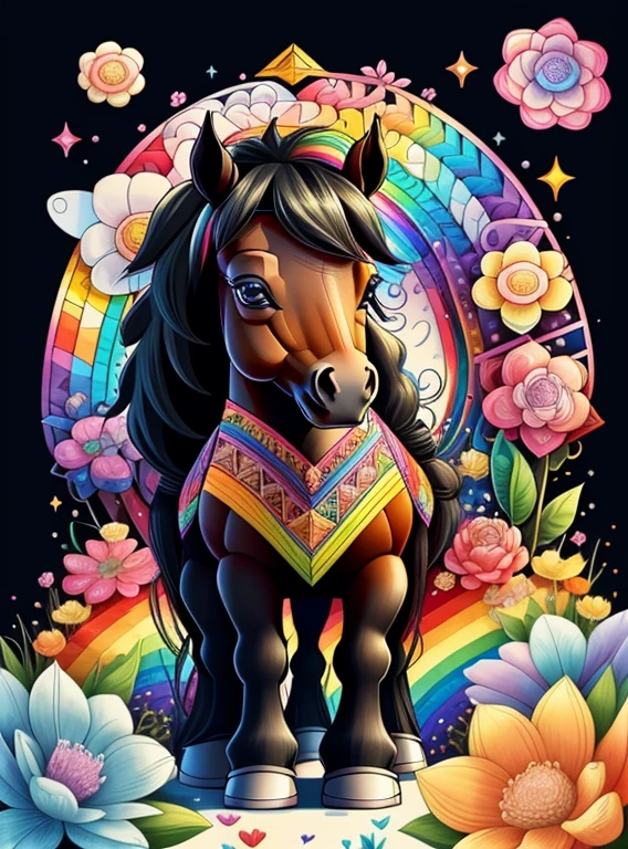 (cute black baby pony with a rainbows and flowers), Munchkin ,Geometric multidimensional wall portrait, livro de arte, Tchibi,
Yang08k, Beautiful, Colouring,
Obras, of the highest quality, best quality, Arte Oficial, Beautiful and Aesthetic,