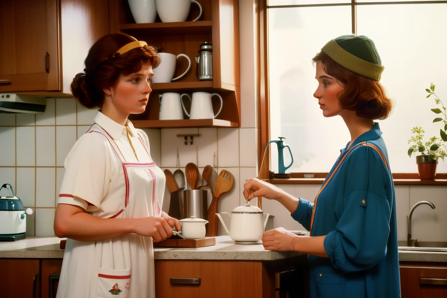1986, Dubuque, Iowa. Pre-raphaelite 30-year-old norwegian-irish woman, with her 52-year-old mother, kitchen, washing the dishes and making coffee, ((((casual clothing from the 1980s)))), ((straight Hairstyle of the 1980s)), ((Wes Anderson cinematic style)), colorful