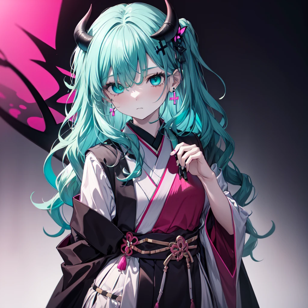 (masterpiece, absurdres, a high resolution, hyper-detailing, hdr, highres, best quality, high quality, 8k, beautiful lighting, ultra_detailed, highres, highest quality, beautiful, cute, digital art:1.2), (amazing details, detailed hair, detailed eyes:1.25), (perfect eyes, even eyes:1.4), (an anime drawing of a girl, anime styled, anime:1.1), looking at viewer, 1girl, girl, (solo:1.3), anime girl with black and white devil horns, (long wavy crazy hair:1.8), (white flower hair ornament with black leaf:1.1), ((rectangle earrings)), ((white cross necklace)), (bangs), (swepted angs:1.4), wispy bangs, frilled bangs, head, [-yeld an], (devil, demon, demon girl, pink wings), (gothic!!, gloomy style, pastel goth, creepy kawaii, goth girl, neon goth, emo girl, goth girl, aesthetic cute with flutter:1.6), [in style of cytus and deemo], (half body adaptable:1.99), (gradient hair fading from black to pink with cyan tips:1.99), (cyan eyes:1.45), marked face, (black kimono:1.2), long dress, pale skin, (emotionless:1.2), white leggings, black and white thonged Japanese sandals, (ribbons: 0.1), (medium breasts:1.1), thin body, [butterflies], black color scheme, [mouth],