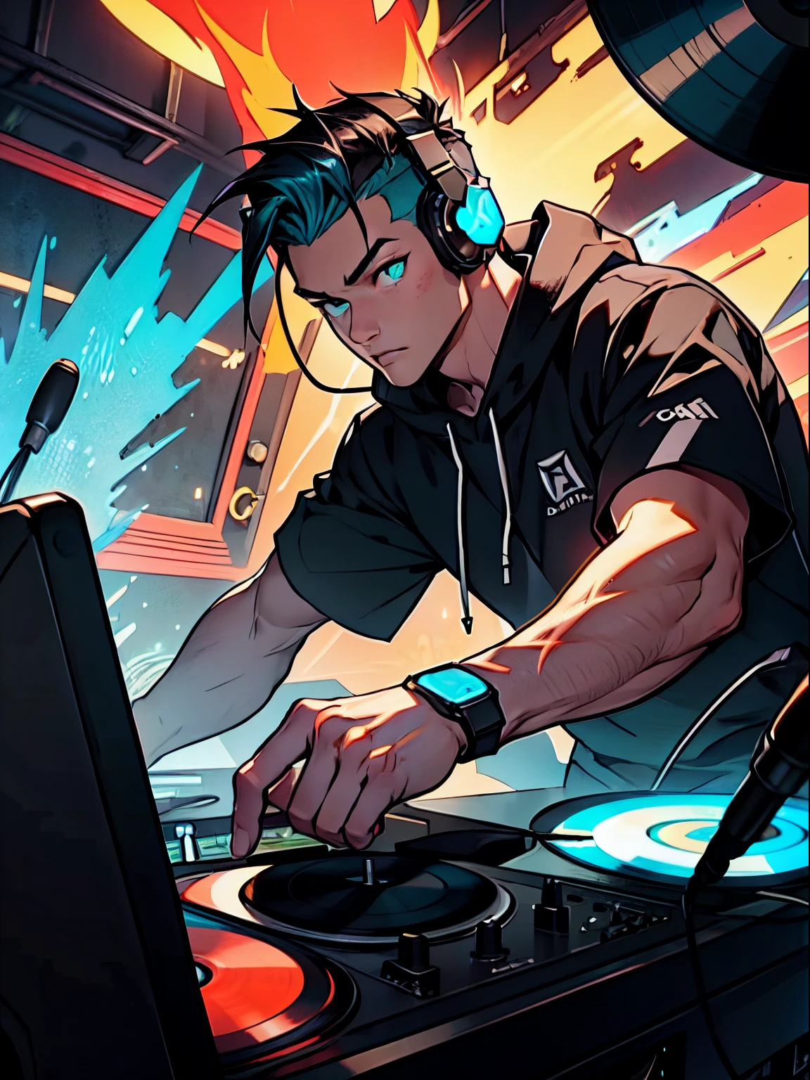 topquality、tmasterpiece、man with black hair、(ember)、dj、Dynamism、Put your hand on the headphones and scratch the record、Dynamic composition with ultra wide angle lens, Прическа Undercut, Cyan eyes