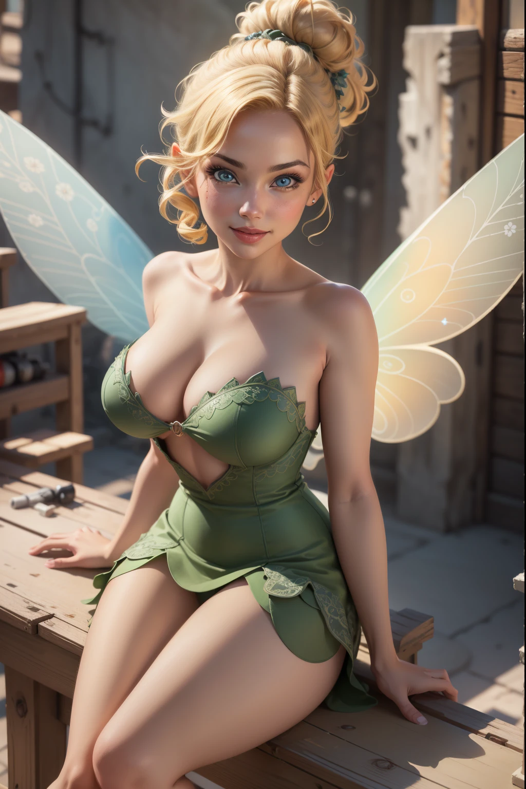 (TinkerWaifu:1), smile, sexy, naughty pose, looking at viewer, large breasts, cleavage single hair bun, short hair, (strapless green dress:1), (fairy wings), sitting, (breast focus:1.2), from above, (realistic:1.2), (realism), (masterpiece:1.2), (best quality), (ultra detailed), (8k, 4k, intricate),(full-body-shot:1),(Cowboy-shot:1.2), (85mm),light particles, lighting, (highly detailed:1.2),(detailed face:1.2), (gradients), colorful,(detailed eyes:1.2),(detailed background),detailed landscape, (dynamic angle:1.2), (dynamic pose:1.2), (rule of third_composition:1.3), (Line of action:1.2), wide shot, daylight, solo, sexy, show skin