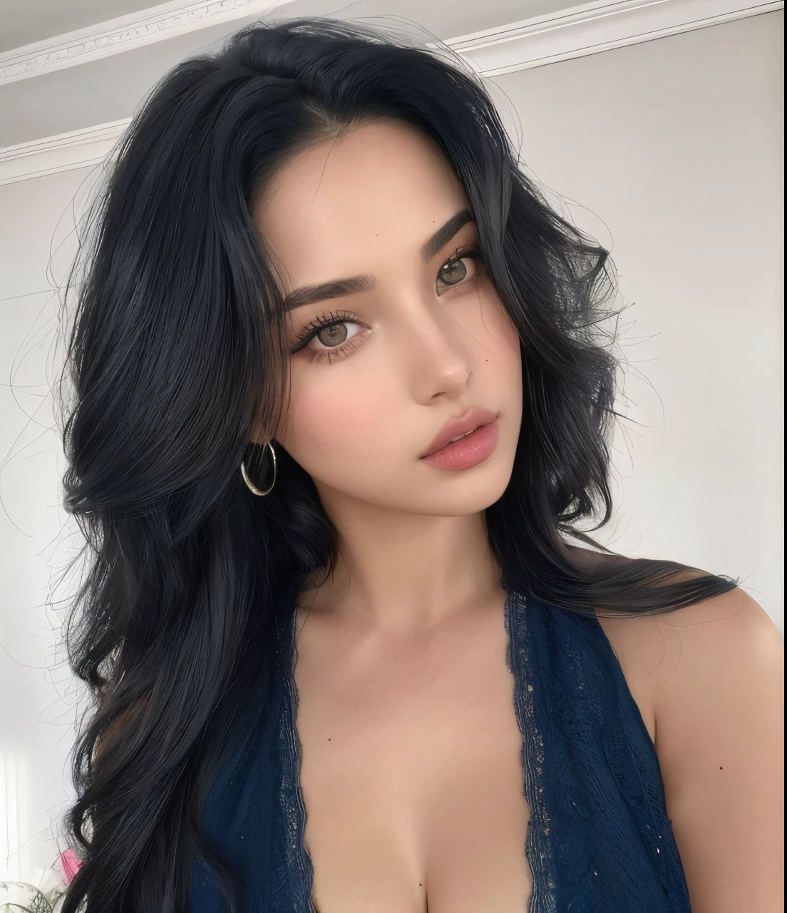 Un primer plano de una mujer con el pelo largo y negro con un vestido azul, Hermosa cara latina, cabello oscuro y maquillaje, Retrato Sophie Mudd, Camila Mendes hembra, Adriana Lima, Anastasia Ovchinnikova, Imagen de perfil, hermosa poarch, cabello negro y ojos marrones, Cara sexy, Yennefer, Mujer preciosa, Modelo de Instagram, Mujer joven con cabello largo y oscuro