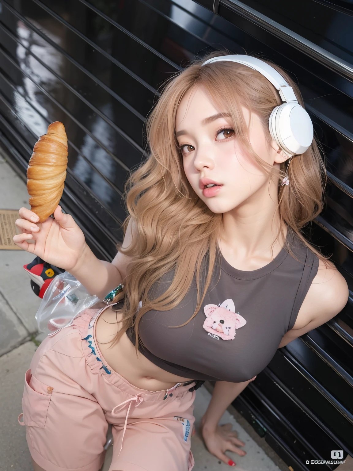 garota araffe com fones de ouvido segurando um croissant e um baguet, linda Delphine, Ulzzang, Parque Roseanne do Blackpink, Sakimichan Frank Franzzeta, ava max, anime na vida real, Sakimichan, Lalisa Manobal, Lalisa Manoban do Blackpink, 韓国アイドル, Modelo IG | Artgerm