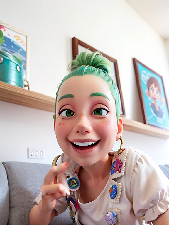smiling girl with green hair sitting on a sofa in a living room, happily smiling at the camera, She is grinning, she is smiling and excited, she is smiling and happy, grande sorriso em seu rosto, relaxing and smiling at camera, menina sorridente, cara boba fofa, smiling at camera, bonito e sorridente, muito bobo olhando, 1 8 I, imagem desfocada