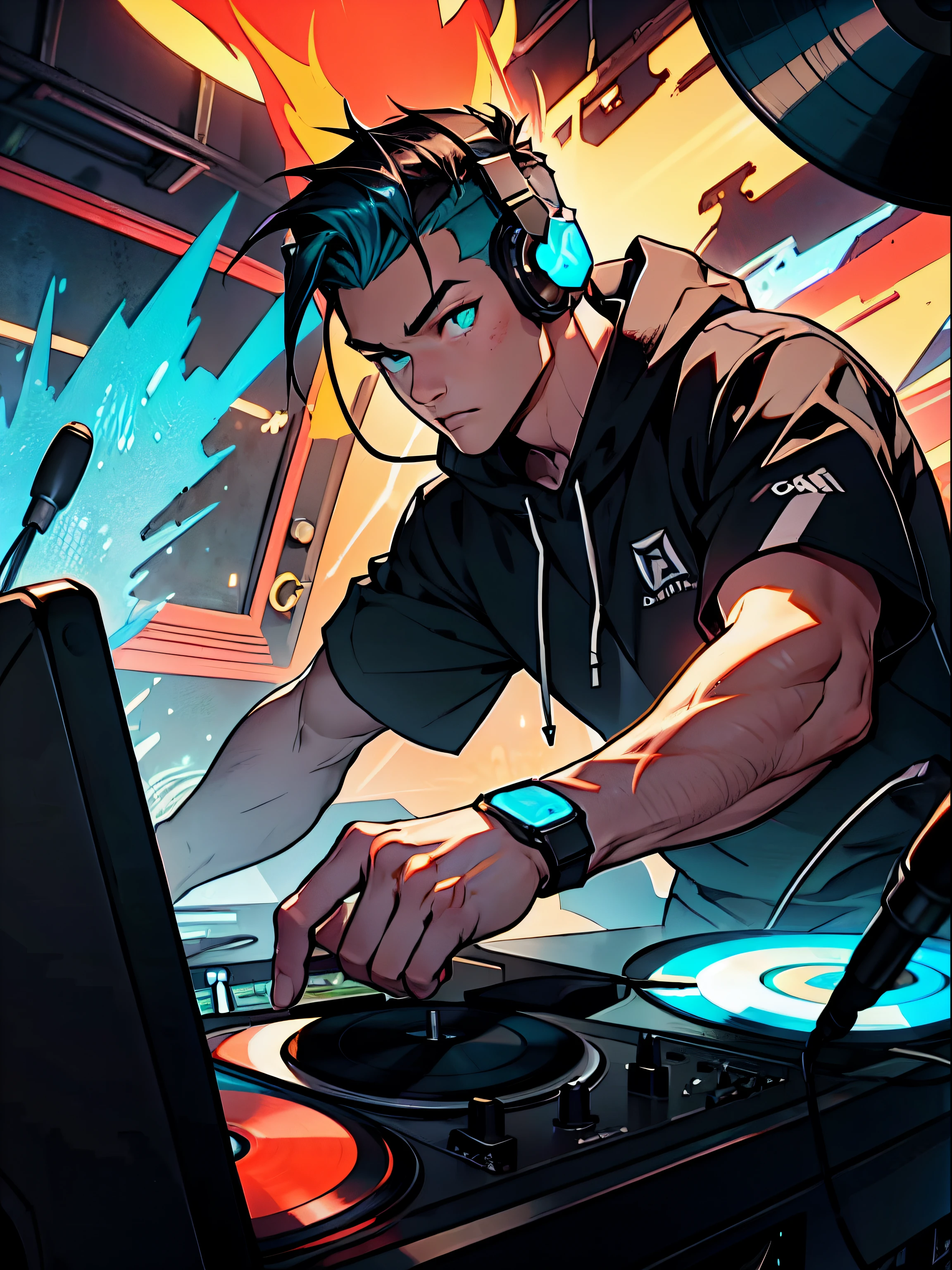 topquality、tmasterpiece、Man with black hair、(ember)、dj、Dynamism、Put your hand on the headphones and scratch the record、Dynamic composition with ultra wide angle lens, Прическа Undercut, Cyan eyes