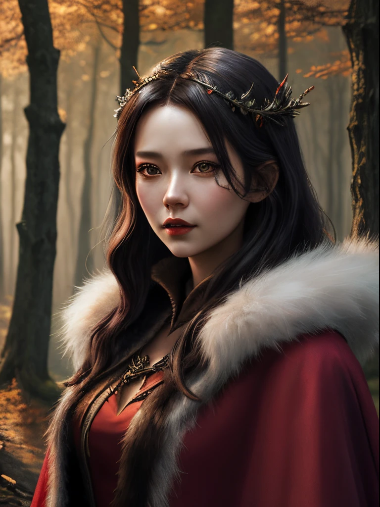 woman in a red dress and fur stole stands in the forest, dressed in a beautiful red cloak, fantasy art style, beautiful fantasy maiden, fantasy character photo, realistic fantasy render, fantasy portrait, artwork in the style of guweiz, beautiful render of a fairytale, Portrait of a Forest Wizard, Beautiful dark autumn princess, fantasy art portrait