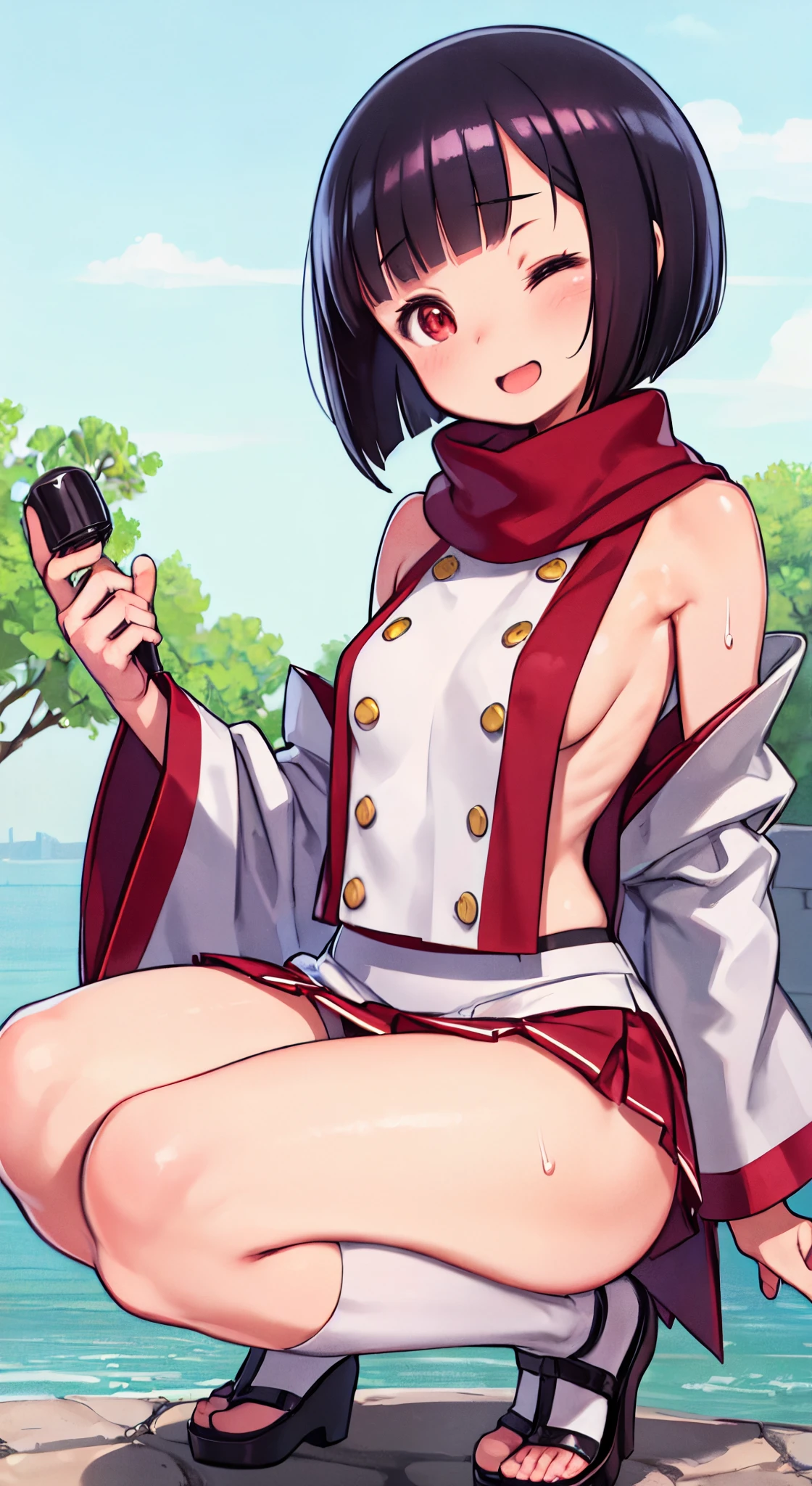 (Perfect body),Best Quality,16 K、((((Short stature))))、((((Lori))))、(White kimono)、sleeve less、(Red mini skirt)、(White panty)、(((blush)))、:D、One eye is closed、I have my mouth wide open、Tsuriformes、Blunt bangs、(short-hair)、(((bob cuts)))、(Red Eyes),((Black hair)),(Sweat)、((red scarf))、((Big ass))、((huge-breasted))、(((thick thighs)))、Armpits、Squatting