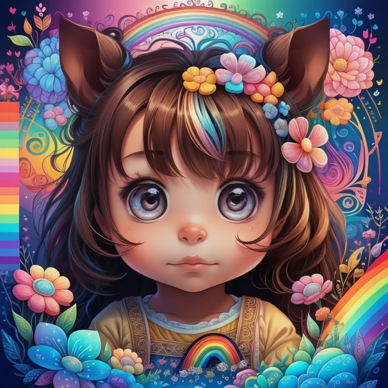 (cute brown pony with a rainbows and flowers), Munchkin ,Geometric multidimensional wall portrait, livro de arte, Tchibi,
Yang08k, Beautiful, Colouring,
Obras, of the highest quality, best quality, Arte Oficial, Beautiful and Aesthetic,