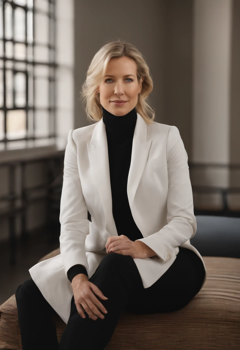 A video of Holmes leading a group therapy session in the prison common area,Real life,Before prison, Elizabeth Holmes, the founder of Theranos, was known for her signature black turtleneck, presenting an image of simplicity and focus. Holmes had straight blonde hair, often tied back, and rarely wore makeup, contributing to her minimalist and professional appearance., female