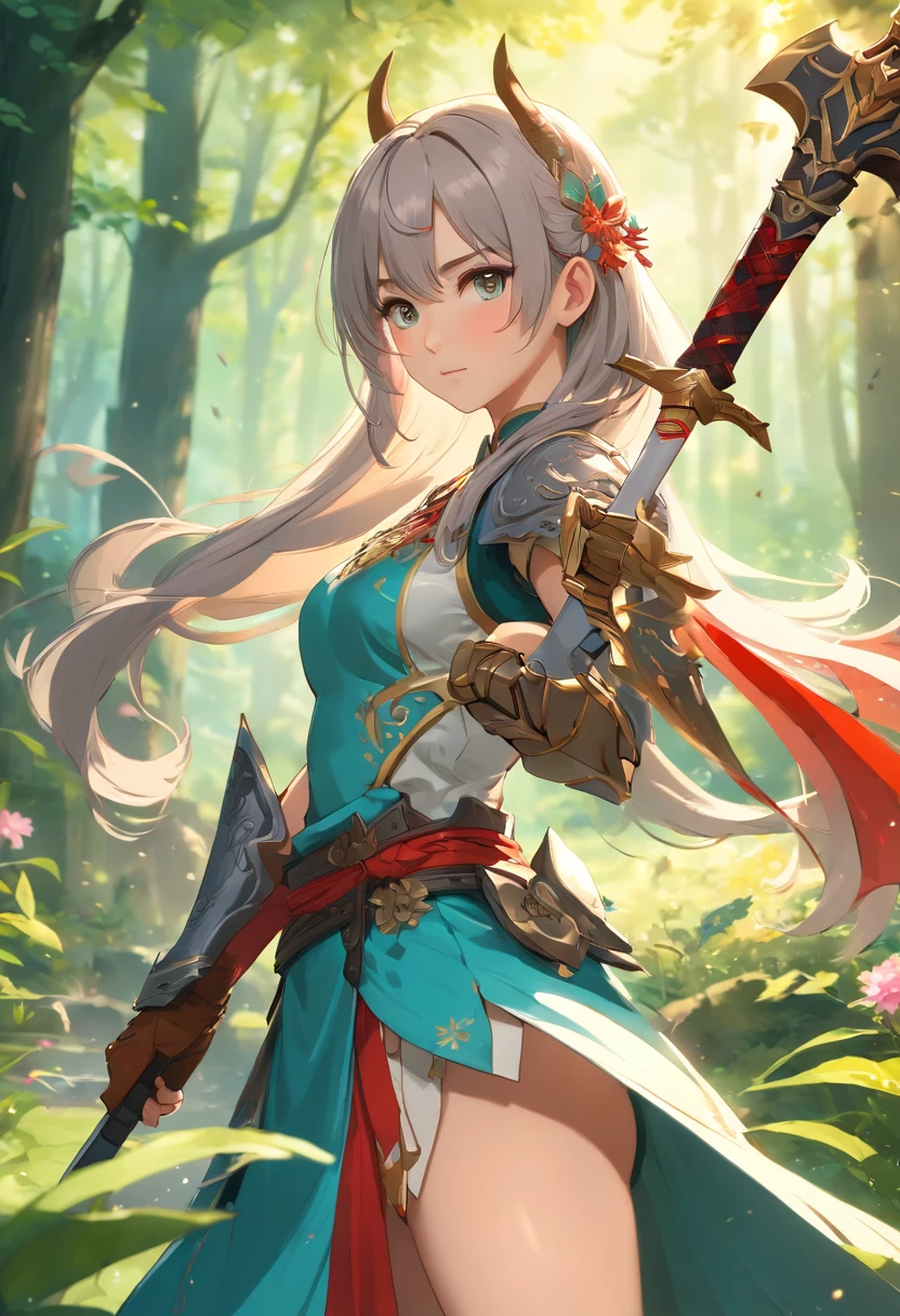 (best quality,4k,8k,highres,masterpiece:1.2),ultra-detailed,(realistic,photorealistic,photo-realistic:1.37),swordswoman with an elegant pose,blade and soul girl,beautiful detailed eyes,beautiful detailed lips,longeyelashes,sleek and flowing silver hair,battle-ready expression,gorgeous traditional armor,embellished with intricate patterns,ornate axe with a sharp blade,sparkling in the sunlight,dynamic weapon swing,captivating background of a mystical forest,enchanting flowers and lush greenery,dappled sunlight streaming through the trees,soft and natural lighting, vibrant colors to bring the scene to life,graceful and powerful stance,aura of strength and confidence,fierce and determined eyes,attractive dress with elaborate designs,exquisite attention to facial features,meticulous focus on the anatomy,texture of muscles,reflection and shine on the armor,subtle shading and highlights to create depth and dimension,impressive level of detail on the weapon,impressive level of detail on the background,impressive level of detail on the character,studio lighting to enhance the overall look,bokeh effect to add a dreamy atmosphere,vibrant and dynamic composition,alluring and captivating artwork.
