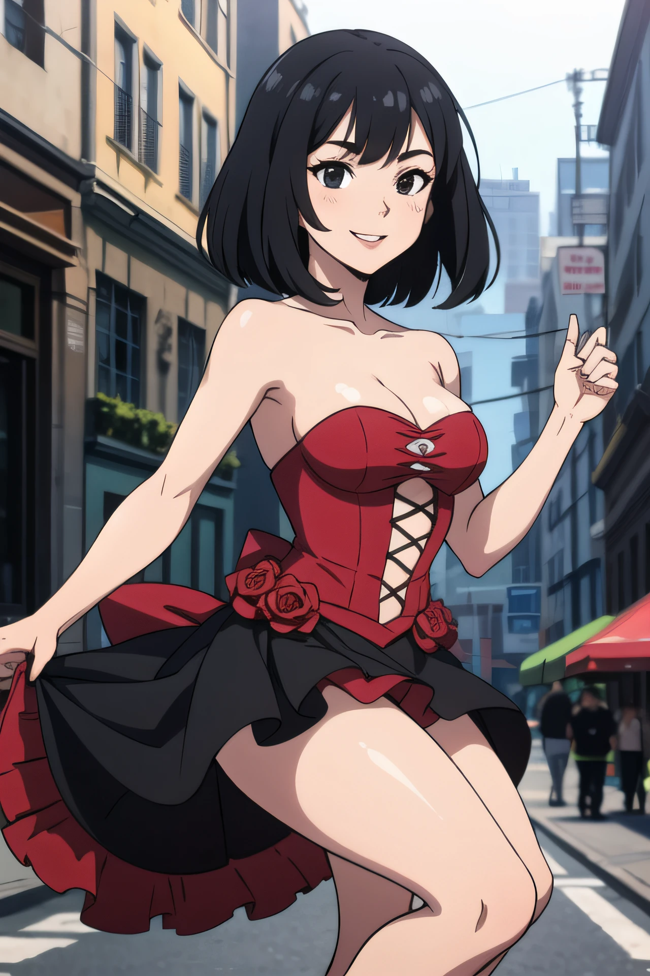 1 girl, , Black hair, Short black hair, Medium Hair, Bob Hair, Black eyes, Flamenco Dresses, Flamenco dancer, Smile, the city street, Sexy, masutepiece, High quality.