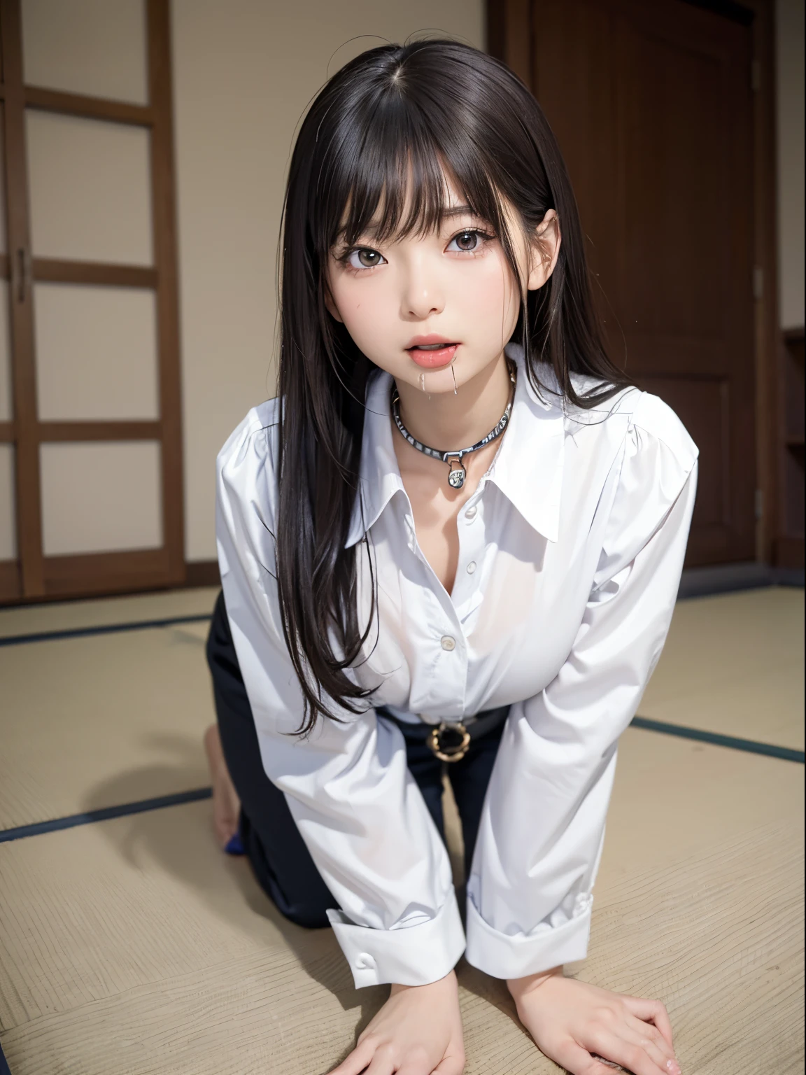 A Japanese Lady,Beautuful Women,age 30s,governess,school classrooms,Crawling on all fours,crawling on hands and knees,Kneeling position,Posture with buttocks sticking out,((put out the tongue)),((Drooling)),Kamimei,(chained dog collar), surrealism, F/1.2, Fuji Film, 35 mm, 8K, Super Detail, nffsw, masutepiece, Textured skin, High quality, Best Quality, hard disk
