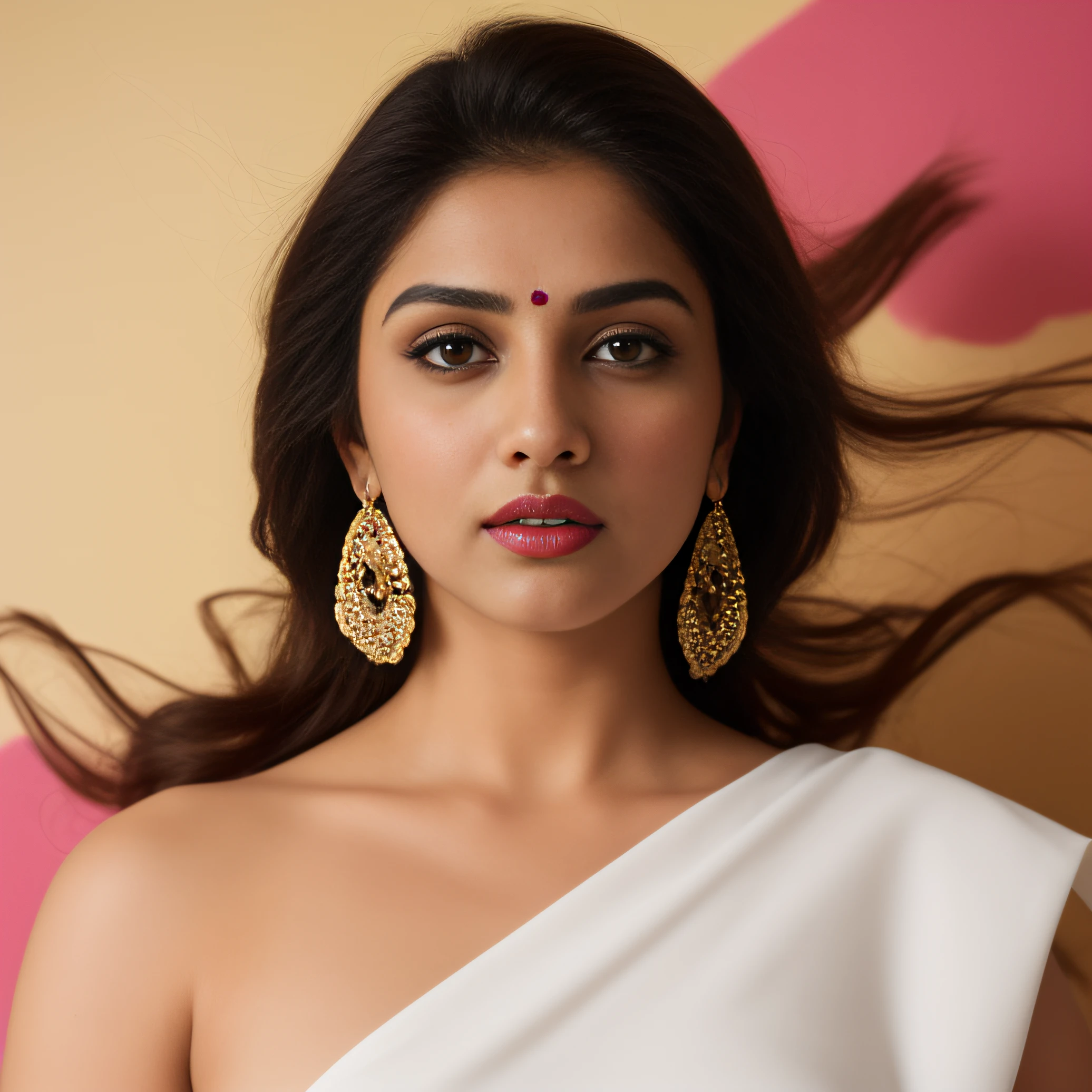 Day scene, close up photo of a indian from top view, (Masterpiece, Best Quality, High Resolution), evening Background, ((Paint Splash, Color Splash, Splash of Ink, Color Splash)), Sweet indian female actress, hour glass body shape,maroon lips, white blouse, lightly makeup,ultra realistic, realistic, look at viewer (cinematic:1.3), intricate details, (ArtStation:1.2)