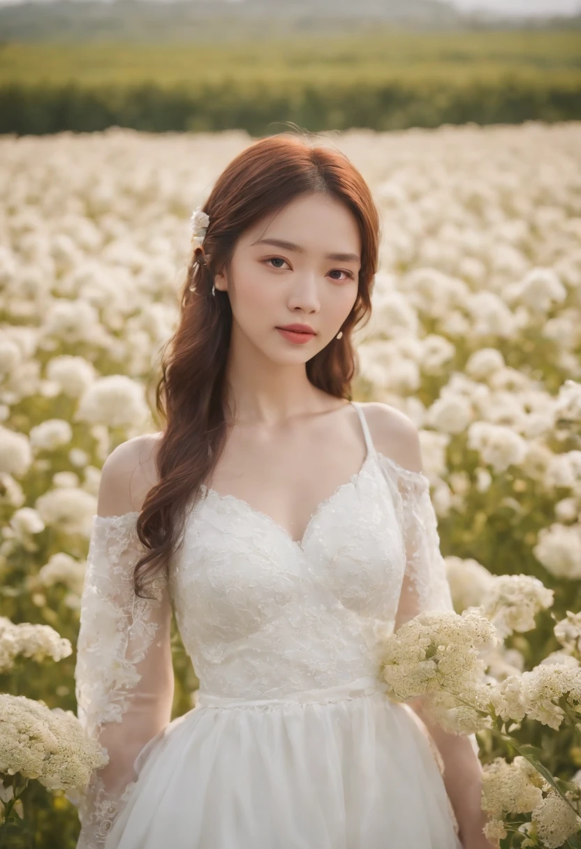 A woman in a white dress stands in a flower field, beautiful Korean women, beautiful young korean woman, standing in flower field, There are flowers, Girl in the flowers, gorgeous young korean woman, standing in flower field,girl standing in flower field, The aesthetic realm of flowers, with frozen flowers around her, girl frontal lobe in flower field，Sunnyday，and the sun was shining brightly，The weather was nice，A large field of flowers，The picture is vivid，フォトリアリスティック，detail-rich