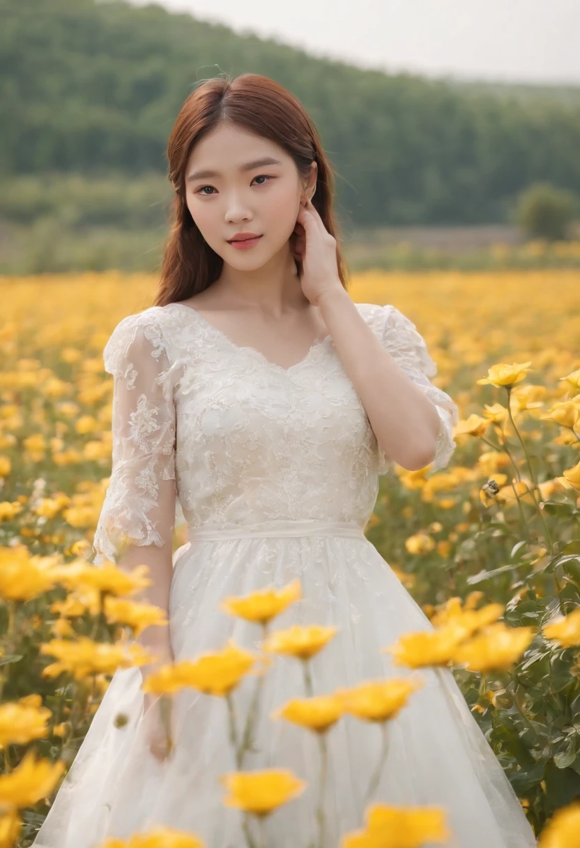 A woman in a white dress stands in a flower field, beautiful Korean women, beautiful young korean woman, standing in flower field, There are flowers, Girl in the flowers, gorgeous young korean woman, standing in flower field,girl standing in flower field, The aesthetic realm of flowers, with frozen flowers around her, girl frontal lobe in flower field,Sunnyday,and the sun was shining brightly,The weather was nice,A large field of flowers,The picture is vivid,フォトリアリスティック,detail-rich