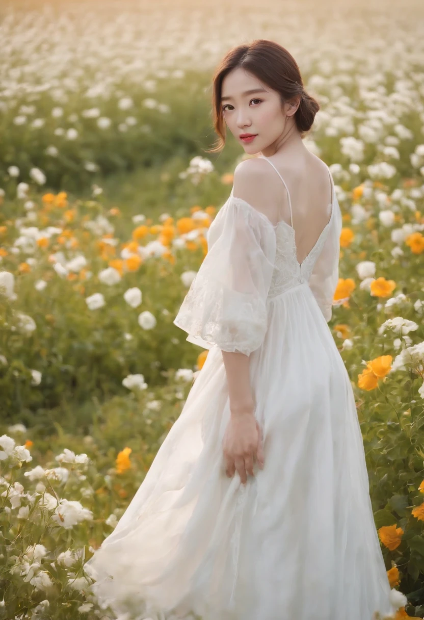 A woman in a white dress stands in a flower field, beautiful Korean women, beautiful young korean woman, standing in flower field, There are flowers, Girl in the flowers, gorgeous young korean woman, standing in flower field,girl standing in flower field, The aesthetic realm of flowers, with frozen flowers around her, girl frontal lobe in flower field,Sunnyday,and the sun was shining brightly,The weather was nice,A large field of flowers,The picture is vivid,フォトリアリスティック,detail-rich