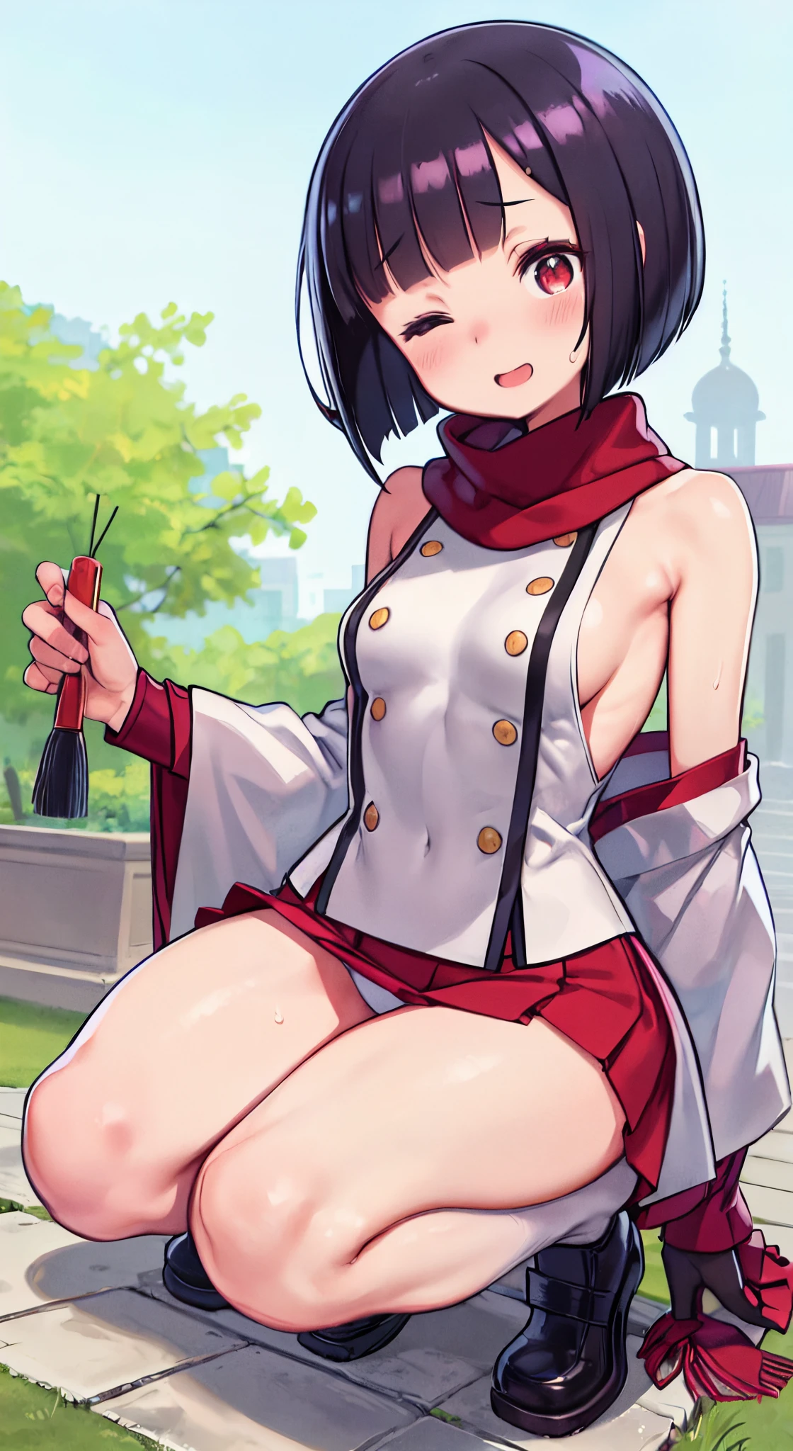 (Perfect body),Best Quality,16 K、((((Short stature))))、((((Lori))))、(White kimono)、sleeve less、(Red mini skirt)、(White panty)、(((blush)))、:D、One eye is closed、I have my mouth wide open、Tsuriformes、Blunt bangs、(short-hair)、(((bob cuts)))、(Red Eyes),((Black hair)),(Sweat)、((red scarf))、((Big ass))、(((huge-breasted)))、(((thick thighs)))、Armpits、Squatting