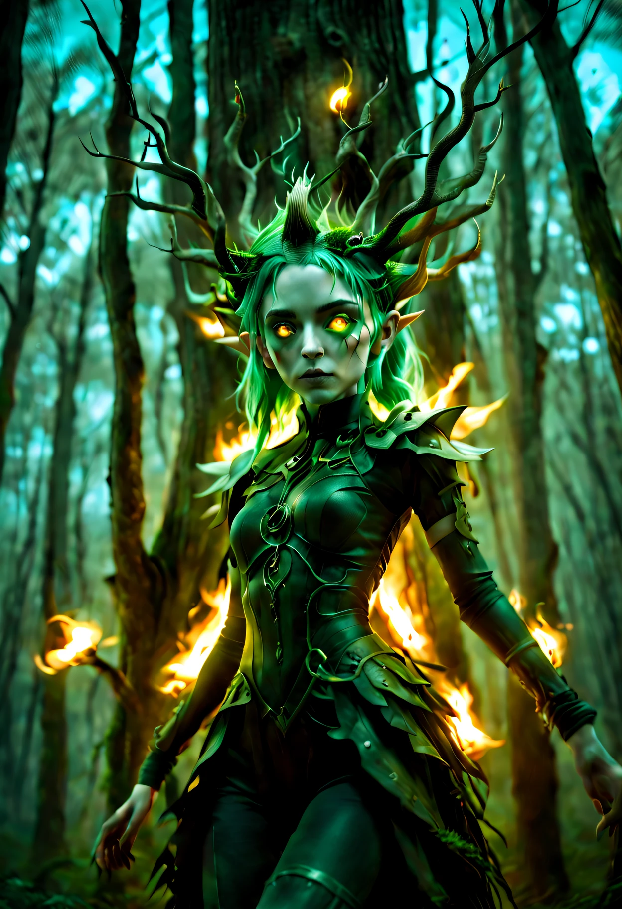 Groot，a girl made of dead plants， goth elf photography, Green hair, perfect  eyes, Complicated details, at a forest,feet made of branches，Full body lesbian，(Best quality,4K,8K,A high resolution,tmasterpiece:1.2),ultra - detailed,(actual,realistically,realistically:1.37),