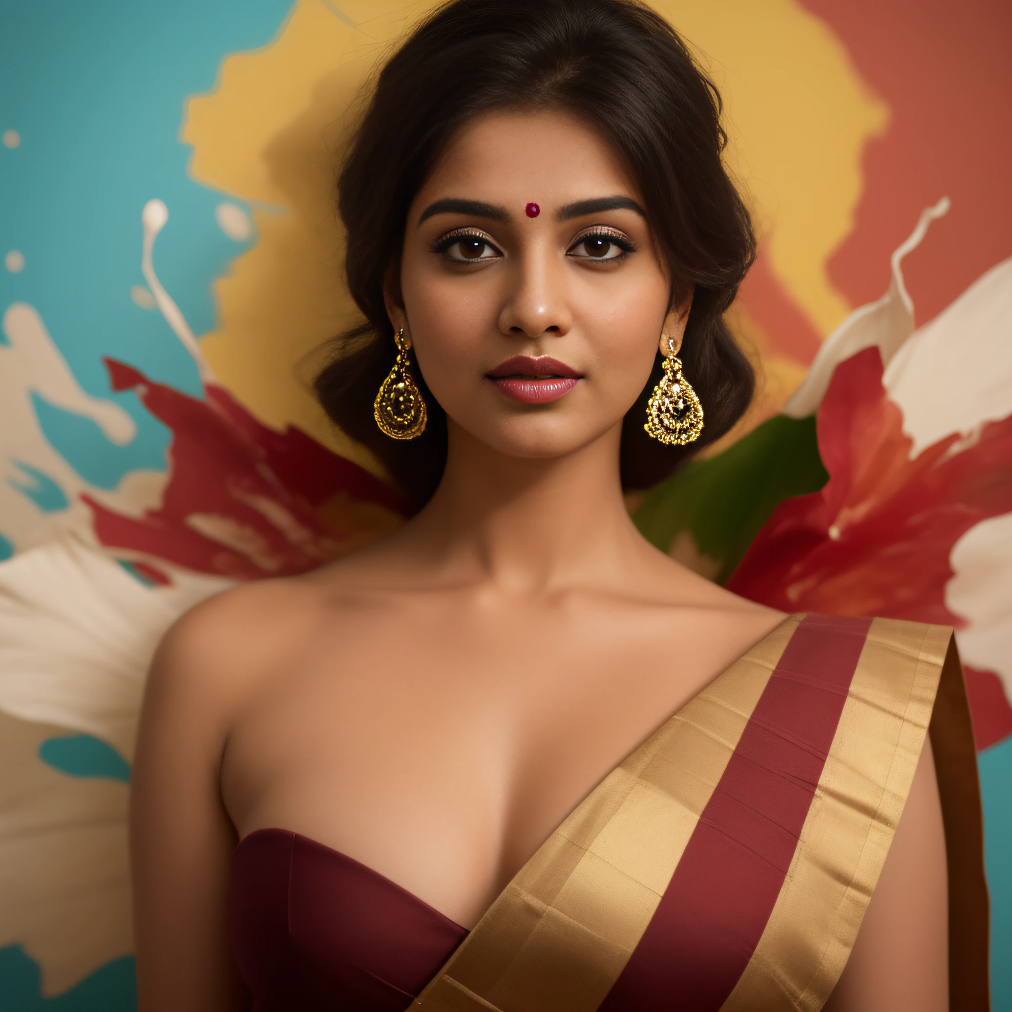 Day scene, close up photo of a indian from top view, (Masterpiece, Best Quality, High Resolution), evening Background, ((Paint Splash, Color Splash, Splash of Ink, Color Splash)), Sweet indian female actress, hour glass body shape,maroon lips, white blouse, lightly makeup,ultra realistic, realistic, look at viewer (cinematic:1.3), intricate details, (ArtStation:1.2)