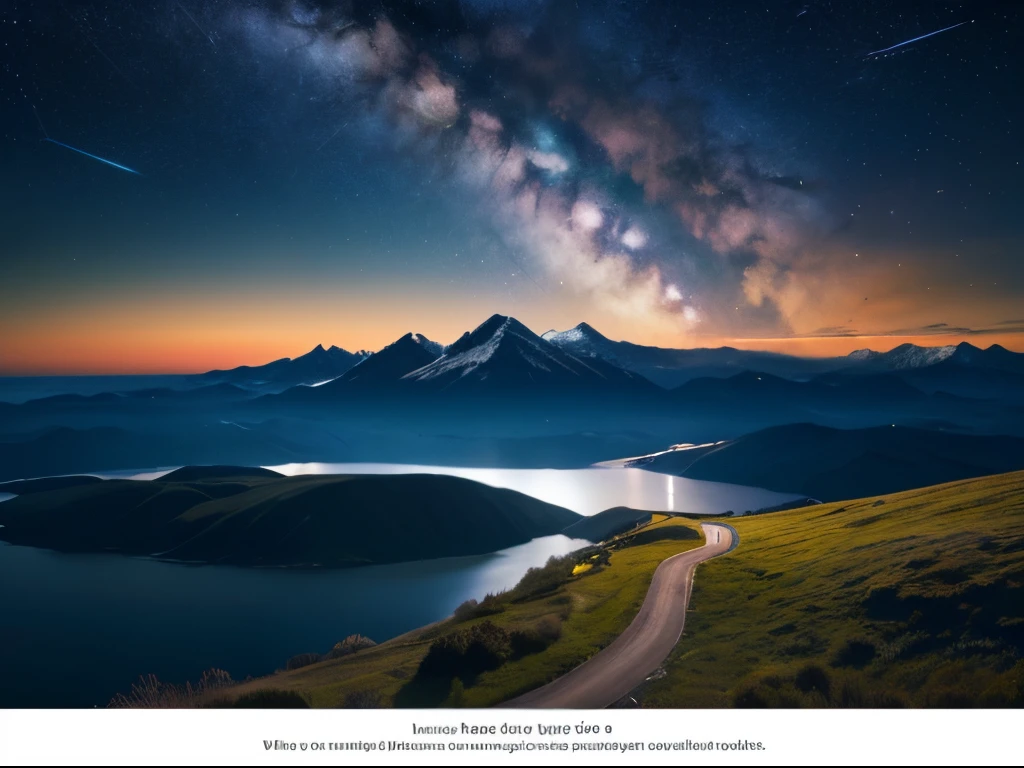 Vast skies: Showcase the vastness of the night sky, allowing stars and shooting stars to occupy a significant part of the composition., Dynamic shooting stars: Capture the movement and energy of shooting stars, sweeping through the sky, Creating a sense of movement and wonder., Serene landscape: Think about that, To add a tranquil landscape, such as distant mountains or a calm body of water, enhance the feeling of peace and serenity.